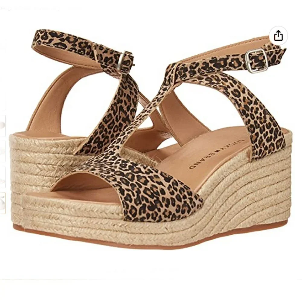 Lucky Brand T-Strap Espadrille Platform Sandals Suede Upper Animal Size 9.5M - Picture 1 of 12